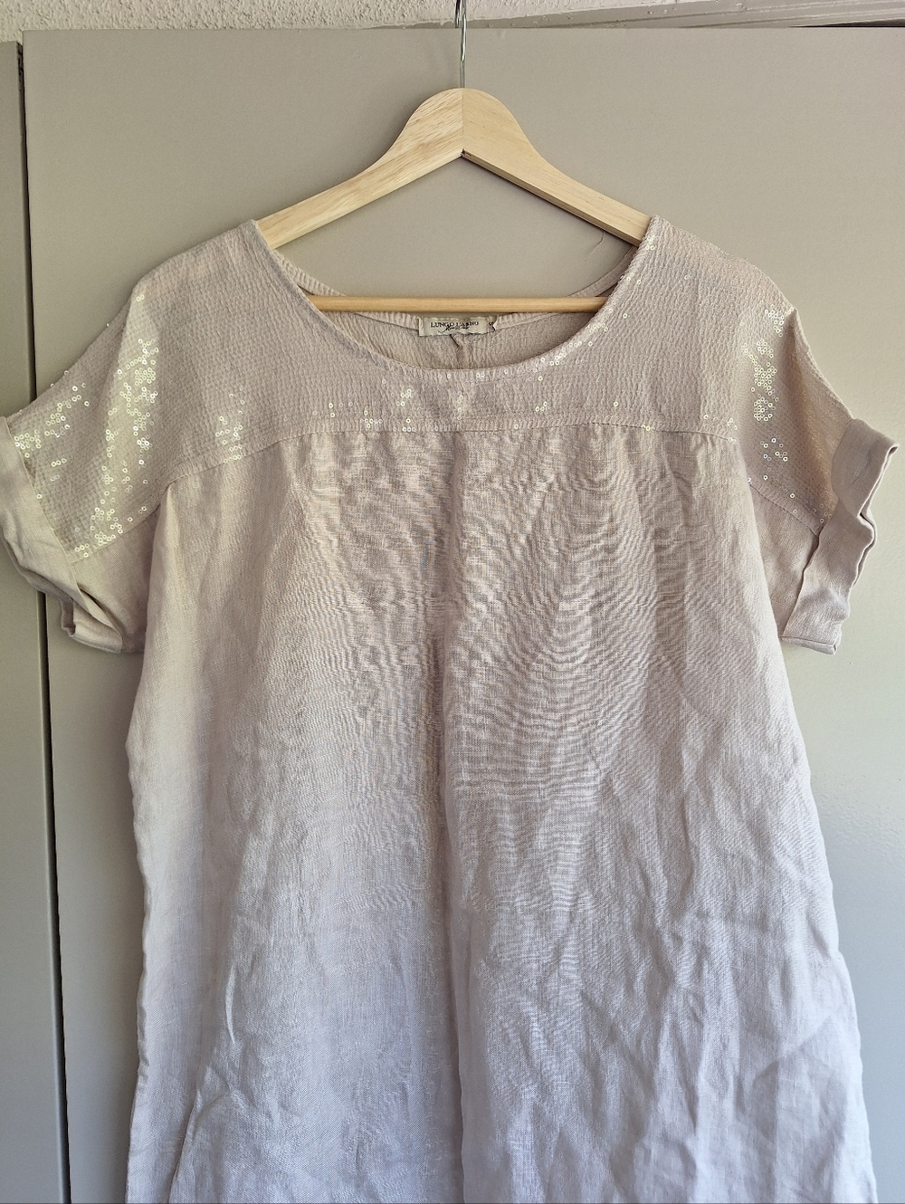 Lungo L'arno Sequin Yoke Linen Shift Dress - Sabbia - Made in Italy - S - Picture 2 of 10